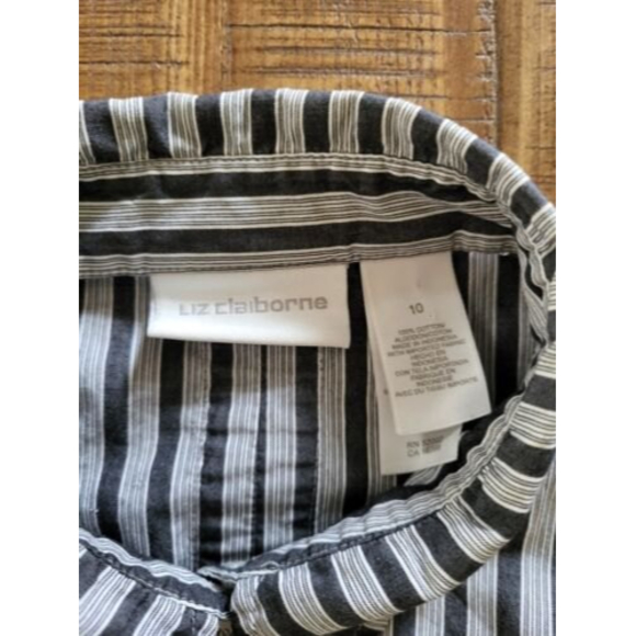 Liz Claiborne Size 10 Button Up Blouse Striped Long Sleeve Shirt Blouse Patched - Picture 7 of 8
